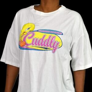 Vintage Tweety Bird Tee Warner Bros T Shirt Graphic White Cotton Crew Neck XXL